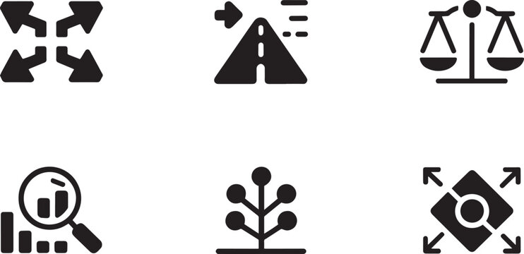 Four Outward Arrows Road Highway Arrow Balance Scale Law Magnifying Glass Bar Chart Tree Network Node Expanding Square Arrows Solid Glyph Icon Set Vector Asset