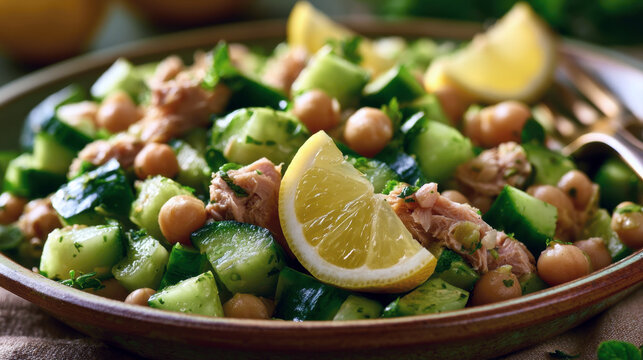 Fresh healthy Mediterranean tuna and chickpea salad with crisp cucumber and lemon slices served in ceramic bowl, representing clean eating, high protein diet, nutritious meal, and healthy cuisine.