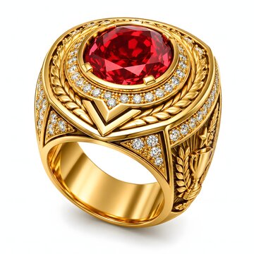 Ornate gold championship ring set with a large red ruby gemstone rendered on white backdrop. Great for sports victory banners, jewelry catalogs, and award graphics.