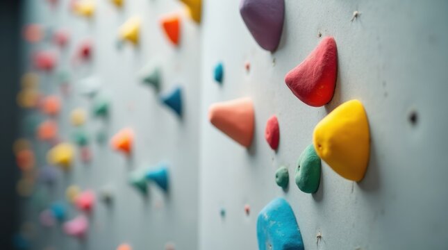 Presas de escalada coloridas en un muro de interior