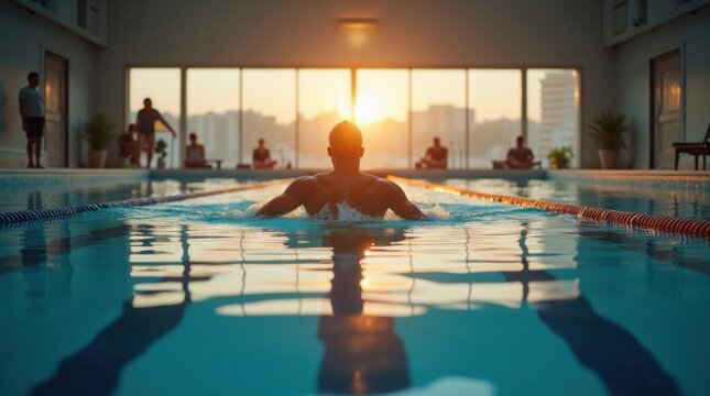 Nadador profesional entrenando solo en una piscina ol&iacute;mpica cubierta