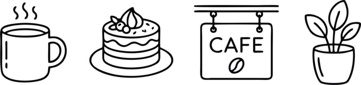 Minimalist Cafe Icon Set with Coffee Mug, Layer Cake, Cafe Sign and Potted Plant, Black Line Art