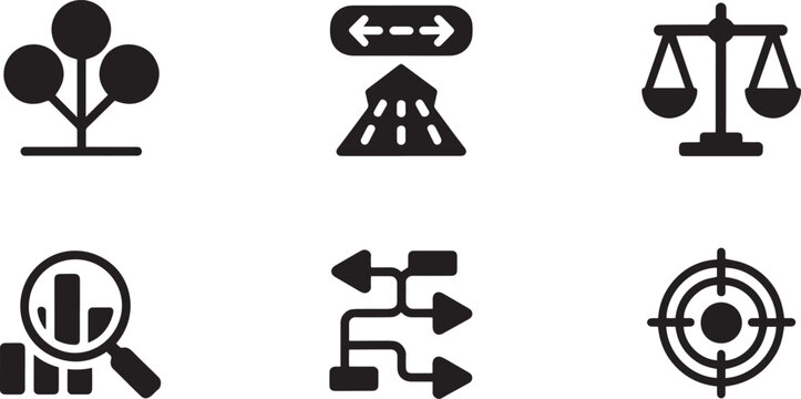 Tree Node Network Road Highway Sign Weight Balance Scale Magnifying Glass Bar Chart Flowchart Arrows Crosshair Target Solid Glyph Icon Set Vector Asset