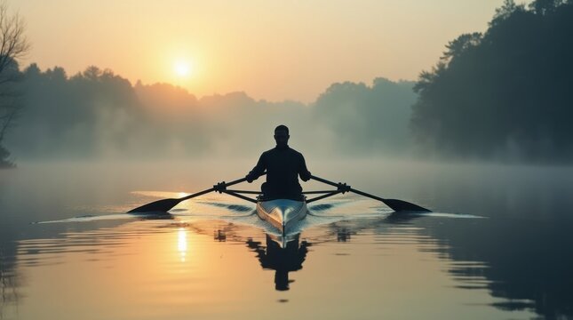 Silueta de un remero en un bote individual compitiendo a trav&eacute;s de un lago brumoso al amanecer