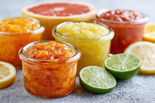 Assortment of colorful citrus jams in glass jars with fresh fruits like lemons, limes, and grapefruit.