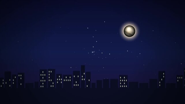 Animated night sky with moon planets city silhouette and observatory dome in space exploration concept