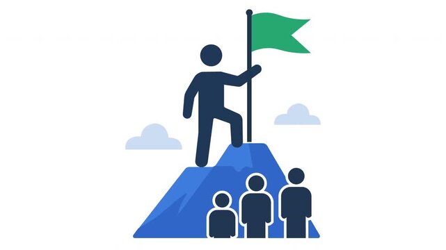 Leadership and Business Success Concept Flat Vector Animation with Businessman Holding Flag on Mountain Peak