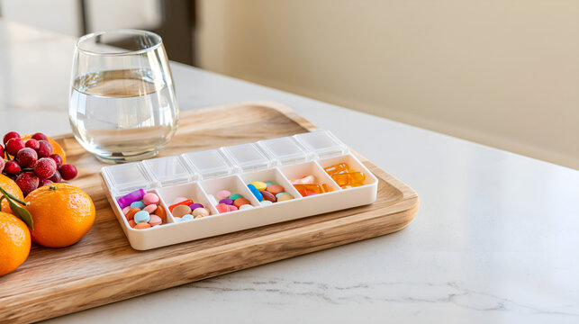 Weekly pill organizer with vitamins, supplements and fresh fruit