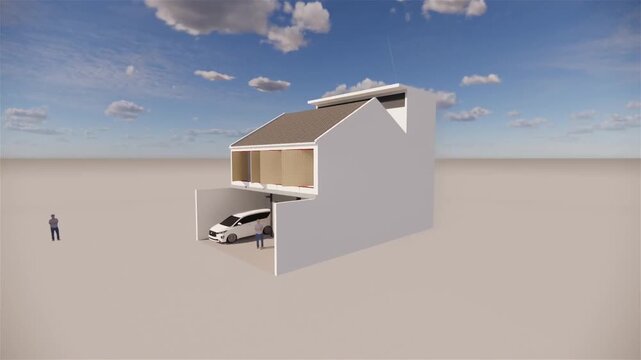 High-quality 3D animation featuring the exterior of a Modern building with Cinematic shot showing the architectural details under bright daylight.