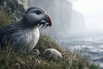 Fototapeta premium A parent puffin with a beak full of fish, tending to its fluffy chicks on a grassy cliff overlooking the ocean.