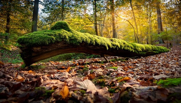 Mossy Fallen Log On Forest Floor With Leaves