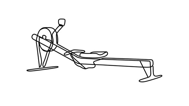Minimalist line art rowing machine white background.