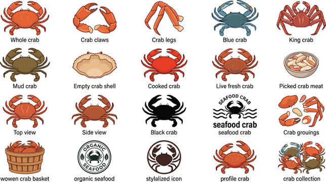 Fresh Seafood Crab Vector Icon Set with King Blue Mud Crustaceans Claws Meat Badges and Restaurant Logo Graphic Designs