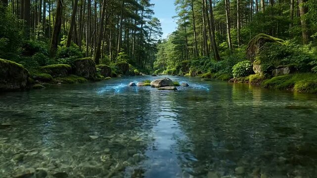 Vibrant forest river landscape with crystal clear flowing water under sunlight through pine trees