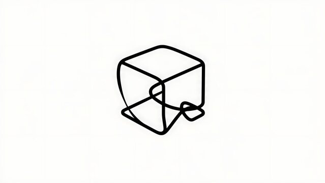 Minimalist cube line art icon white background.