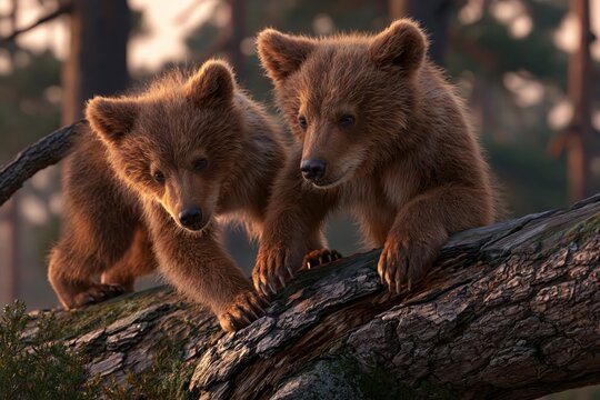 Two adorable fluffy bear cubs exploring a mossy tree branch in a sun-dappled forest setting.