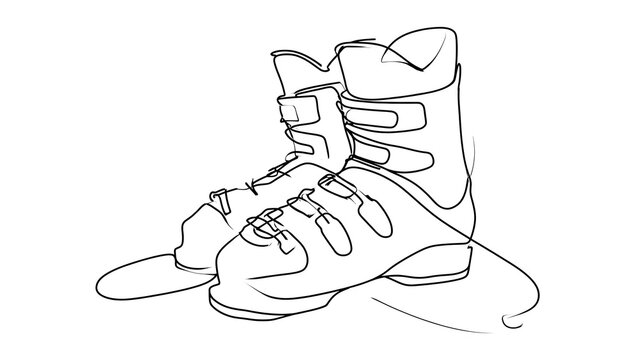 Ski boot line drawing on white background.