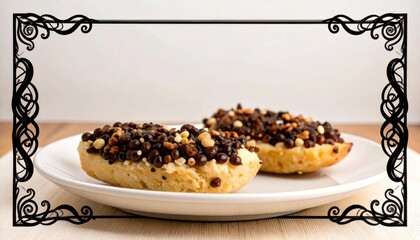 Naklejka premium Chocolate chip buns on plate with full border.
