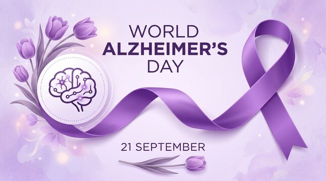 Artistic world alzheimers day background with purple ribbon brain illustration and tulip flowers for awareness and support campaign.