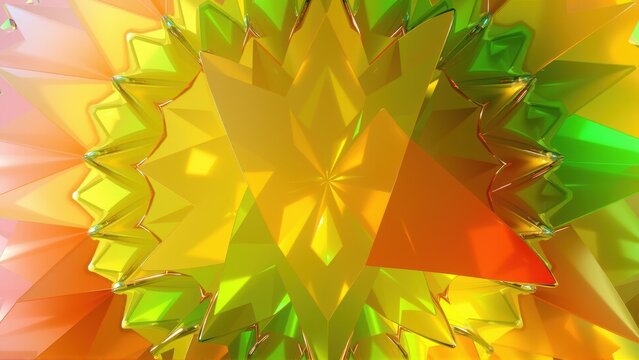 Kaleidoscopic pattern. Bright colors blend, creating abstract geometric design. Vivid yellows, greens, oranges dominate composition.
