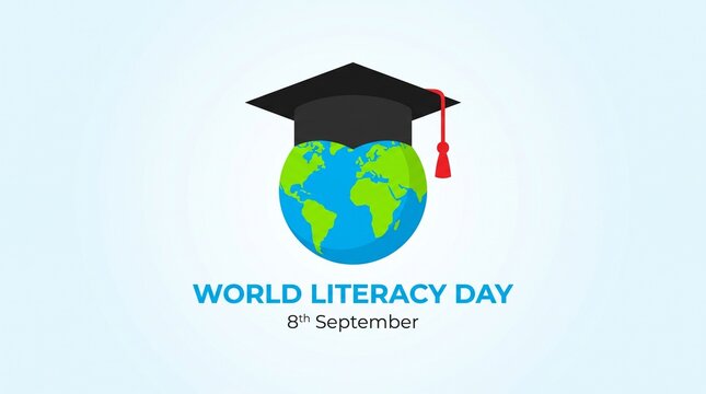 World literacy day 8th september globe wearing graduation cap on blue background education.