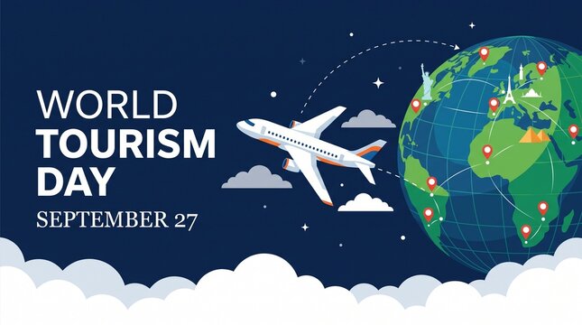 World tourism day digital banner with airplane flying around globe and travel destination pins for international journey.