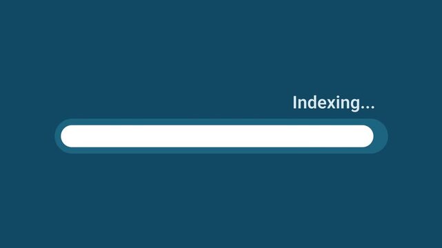 Animated motion graphics showing a white progress bar indexing over a dark blue background. Represents data cataloging, database optimization, file system indexing, or search engine crawling.