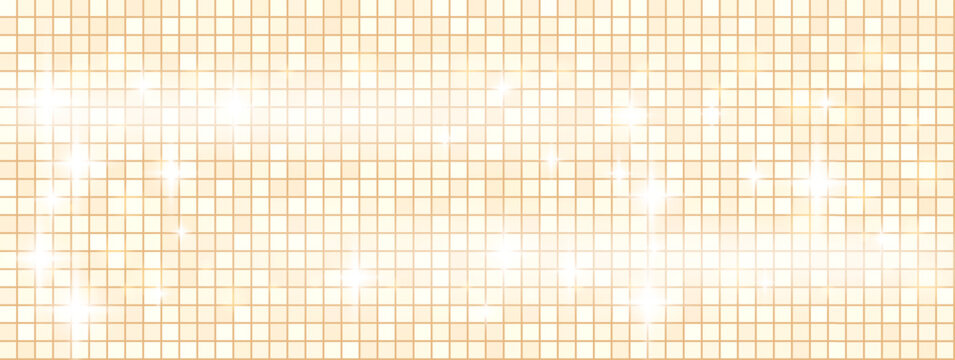 Soft beige background on disco mosaic for cosmetic promo poster. Pale party sparkle in warm light by a sequin tile mosaic. Vector ball backdrop on shimmer fashion holiday background