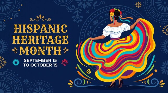 Hispanic heritage month illustration featuring traditional mexican dancer in colorful ruffled skirt on dark blue floral backdrop.
