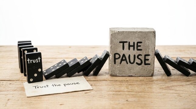 Concrete block with The Pause text interrupting falling dominoes