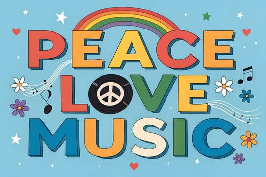 Peace Love Music, Peace Love Music Logo, Rainbow Peace Sign Art, Hippie Music Festival Graphic, Colorful Peace Love Music