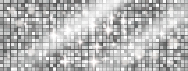 Fototapeta premium Christmas party background with disco ball sparkle and silver glitter for holiday card. Shiny xmas mirror sequin on dance mosaic. Vector christmas holiday background pattern with festive shimmer