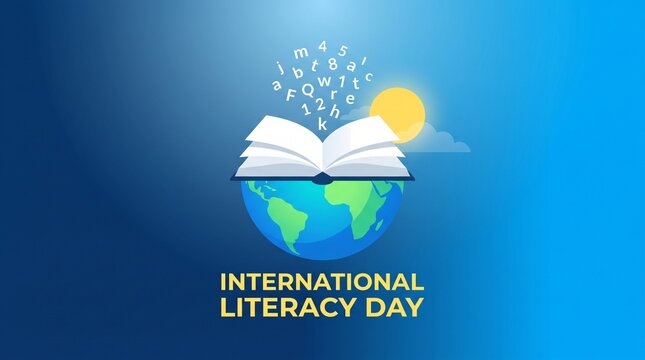 International literacy day poster design featuring open book sitting on top of earth globe with floating letters on blue background.