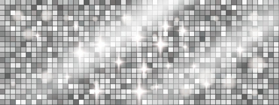Christmas party background with disco ball sparkle and silver glitter for holiday card. Shiny xmas mirror sequin on dance mosaic. Vector christmas holiday background pattern with festive shimmer