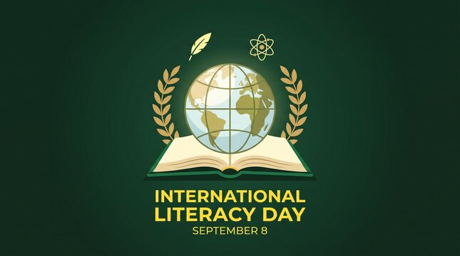 International literacy day illustration featuring open book with globe science icon and laurel wreath on dark green background.