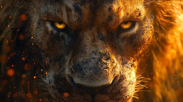 Fiery Lion Closeup, Savannah Sunset, Ember Background, Power Image