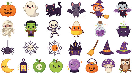 Obraz premium Halloween party icons set with spooky characters and decorations. Vector flat design elements for seasonal event invitations and social media graph...