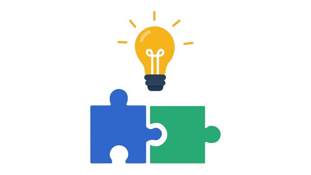 Creative Problem Solving and Idea Integration Concept Flat Vector Animation with Glowing Light Bulb and Connected Puzzle Pieces