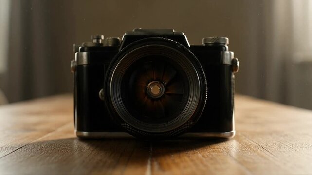 Vintage Retro Film Camera Resting on a Wooden Table in Soft Daylight Illumination