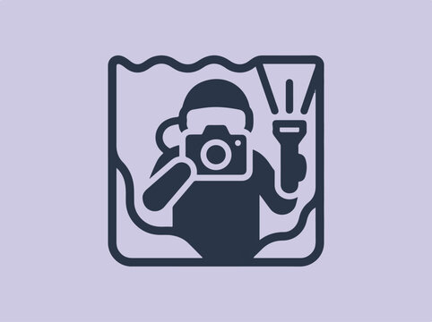 Framed scuba diver icon with camera and flashlight