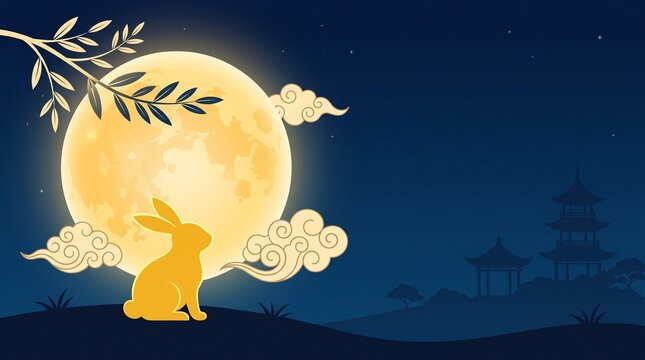 Scenic mid autumn festival illustration with golden full moon rabbit silhouette clouds and traditional asian pagoda landscape view.