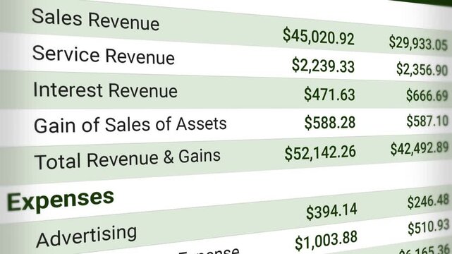 Profit & Loss Statement Sheet Scrolling Animation. Revenue, Sales, Service, Interest Rate, Business Expenses, Operating Cost, Net Profit, Finance, Report. 4K Video Animation.