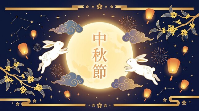 Mid autumn festival greeting card with white rabbits jumping over full moon chinese clouds paper lanterns and floral ornaments.