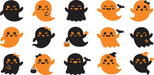 Fototapeta premium Set of cute cartoon ghosts in black and orange colors for halloween party decorations and sticker designs