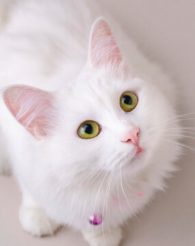 Close up portrait of pure white Turkish Angora cat with vibrant green yellow eyes looking at camera