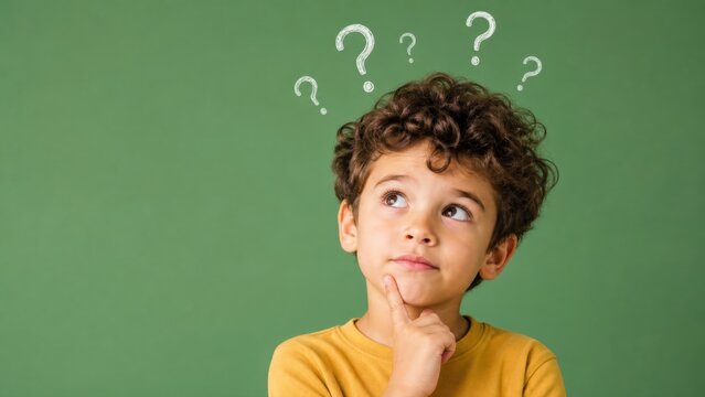 Curious Young Boy Deep in Thought Contemplates Ideas with Illustrated Question Marks Floating Above His Head Against a Solid Green Background