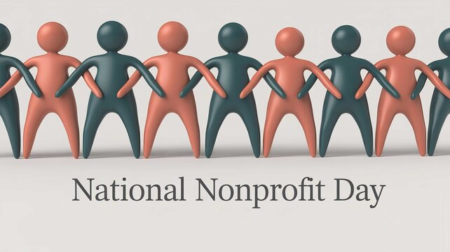Stylized three dimensional figures standing together in a line while holding hands representing community support and National Nonprofit Day celebration