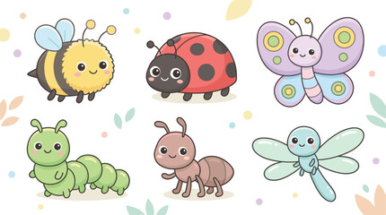 Naklejka premium Cute flat vector insect collection for kids . Fluffy bumblebee, red ladybug, pastel butterfly, green caterpillar, little ant, flying dragonfly, white background .