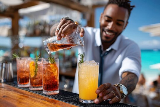 Bartender preparing colorful cocktails at a beach bar during a sunny day