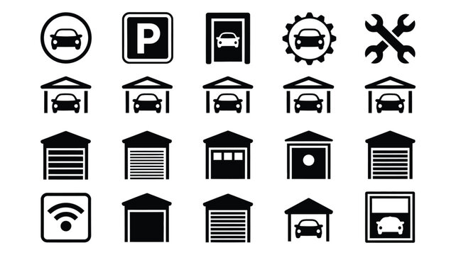 Car garage icon set featuring solid black vector symbols for parking lot auto repair service smart garage and vehicle shelter.